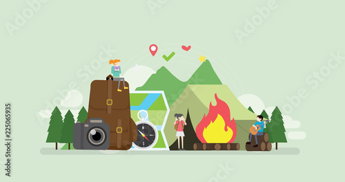 Summer Camp Activity With Friend Tiny People Character Concept Vector Illustration, Suitable For Wallpaper, Banner, Background, Card, Book Illustration, And Web Landing Page
