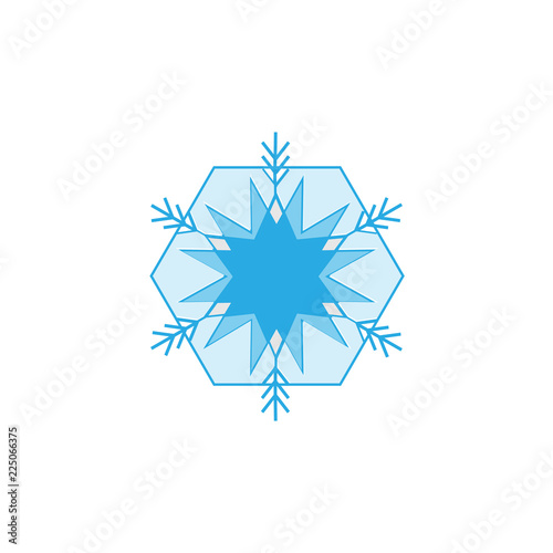 Snowflake blue sign. Silhouette design blue snowflake on white background. Symbol of Christmas holiday season. Colorful template for prints, card. Isolated graphic element. Flat vector illustration.