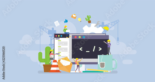 Web Development Under Construction Page Tiny People Character Concept Vector Illustration, Suitable For Wallpaper, Banner, Background, Card, Book Illustration, And Web Landing Page