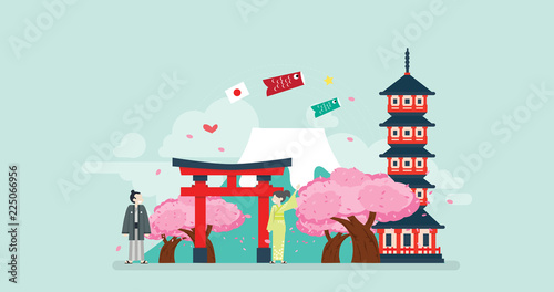 Japan Tourism And Culture Tiny People Character Concept Vector Illustration, Suitable For Wallpaper, Banner, Background, Card, Book Illustration, And Web Landing Page