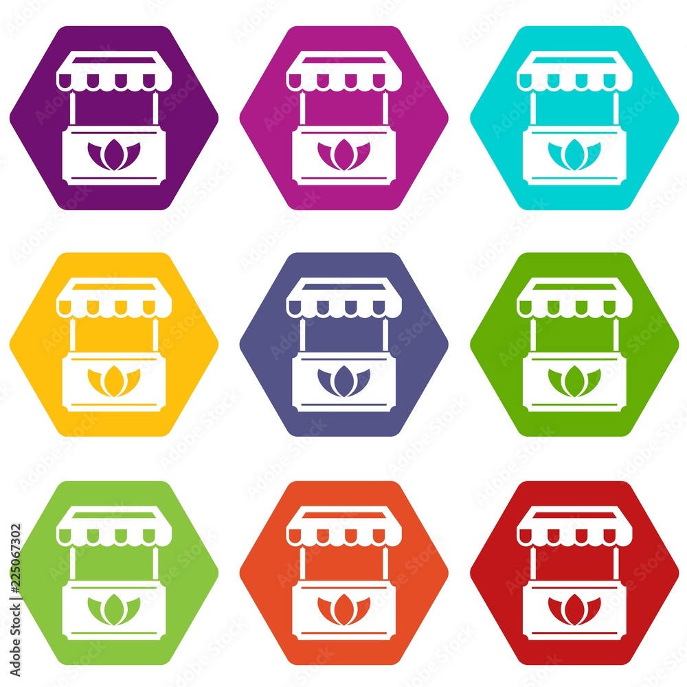 Eco stall icons 9 set coloful isolated on white for web Eco stall icons 9 set coloful isolated on white for web