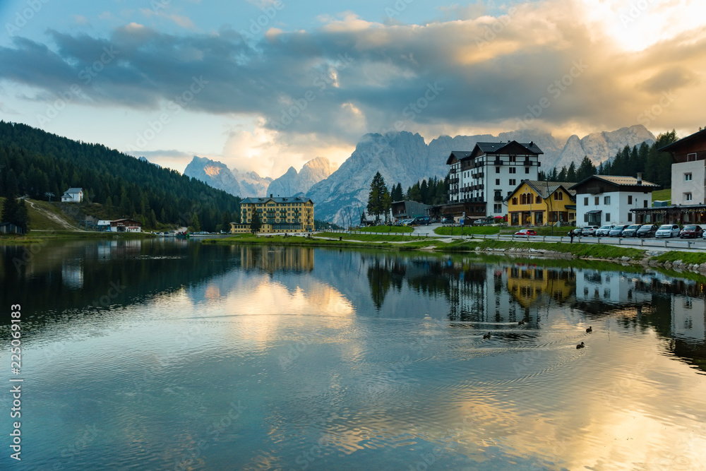 Sunset summer view of Misurina lake National Park Tre Cime di Lavaredo Dolomites