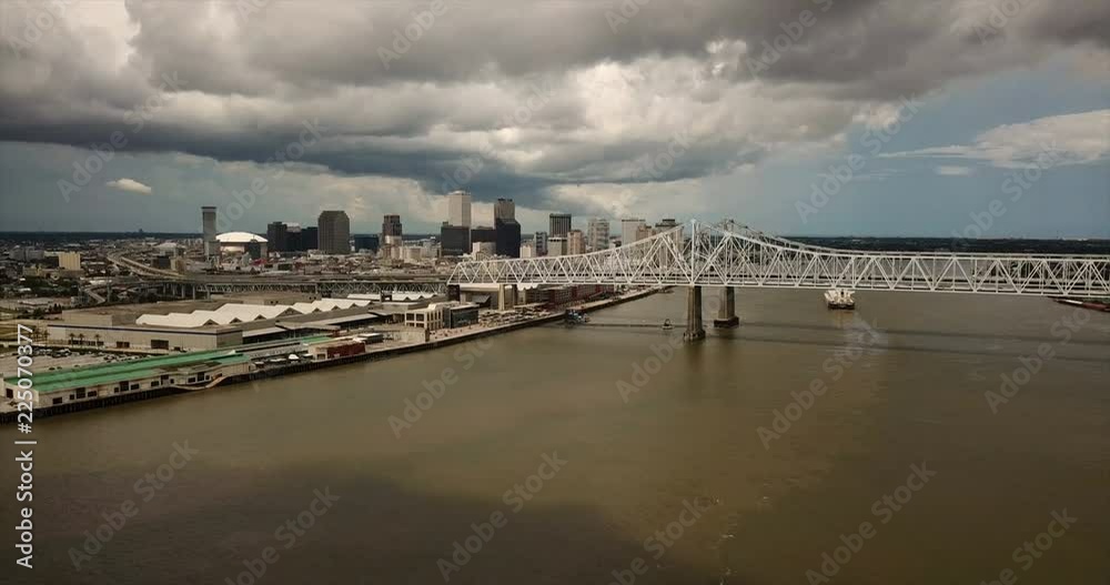 New Orleans Aerial View Over the Highway Bridge Deck and Mississippi River New Orleans Aerial View Over the Highway Bridge Deck and Mississippi River