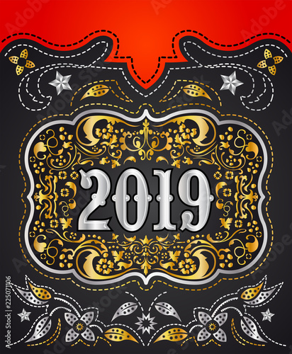 2019 Cowboy belt buckle gold and silver design, western badge decorative background