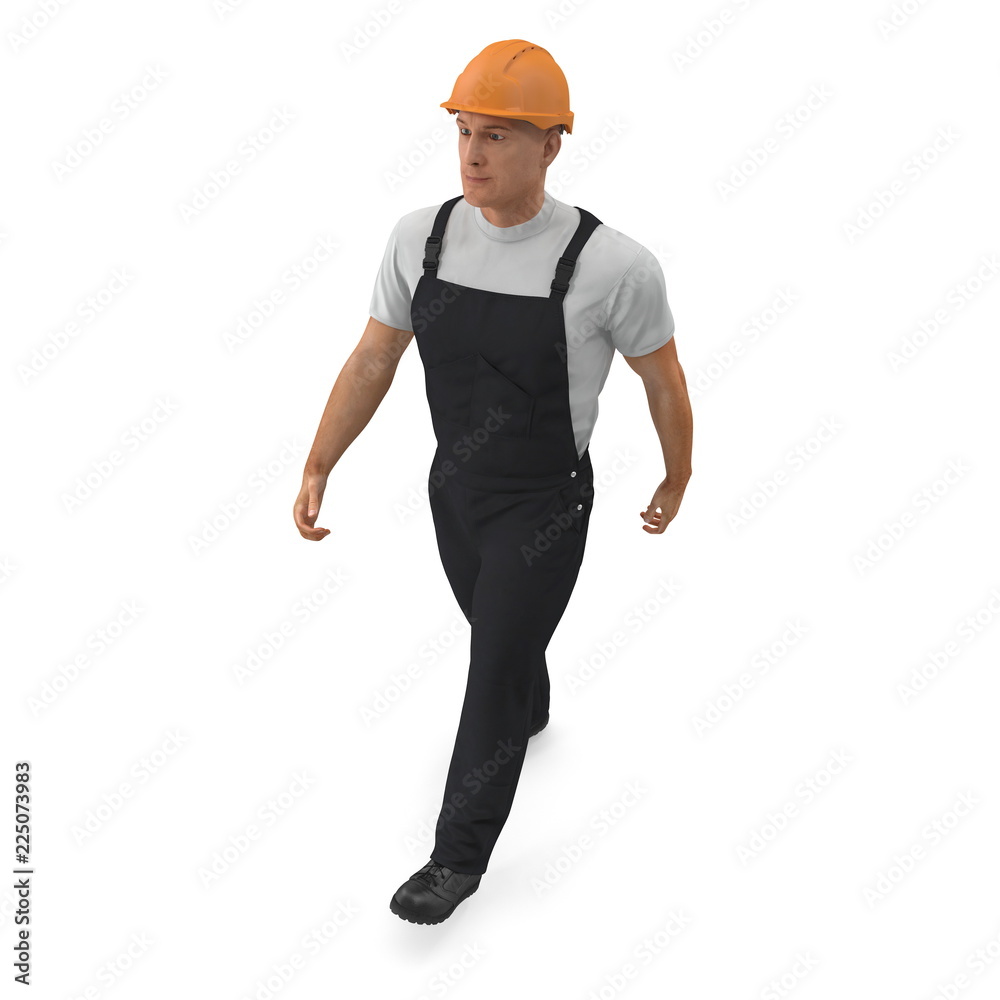 Consruction Worker Wearing Black Overalls Walking Pose Isolated On White Background. 3D Illustration