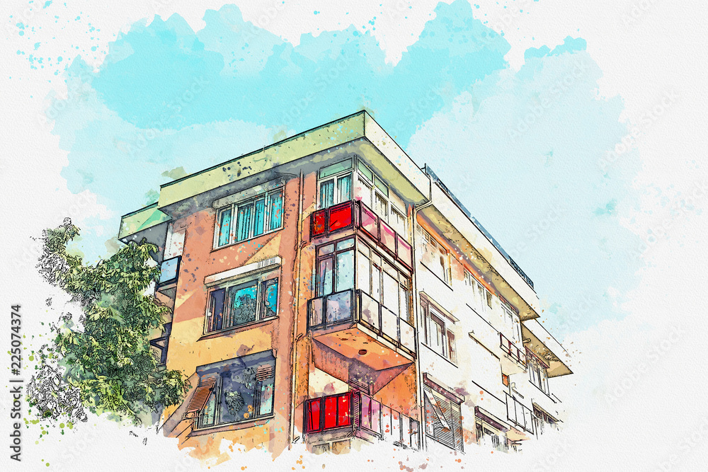 A watercolor sketch or illustration of a traditional apartment house in Istanbul, Turkey.