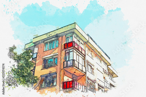 Obraz na płótnie A watercolor sketch or illustration of a traditional apartment house in Istanbul, Turkey. w salonie