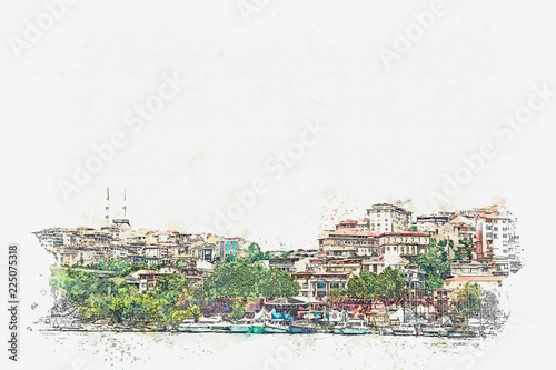A watercolor sketch or illustration of a beautiful view of the traditional architecture in Istanbul, Turkey.