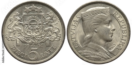 Latvia Latvian silver coin 5 five lati 1932, lion and griffin supporting shield, three stars, face value and date below, bust of woman in ethnic dress and hat right,  photo