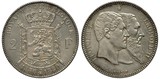 Belgium Belgian silver coin 2 two francs 1880, subject 50th Anniversary of Constitution, shield with lion, crossed scepters behind, crown above, conjoined heads of Kings Leopold I and Leopold II,