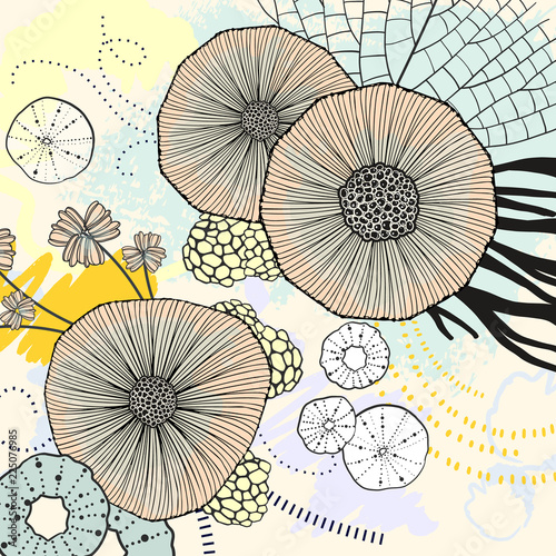 Circle watercolor acrylic beautiful background. Online screen background. Natural popular art. Contrast leaves and flowers fabric. Cool modern screen cover.