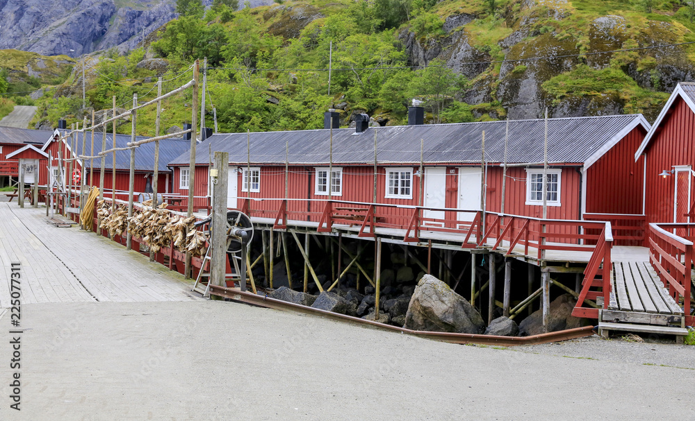 Obraz premium Wanderlust in Nusfjord fishing village in Lofoten, Northern Norway