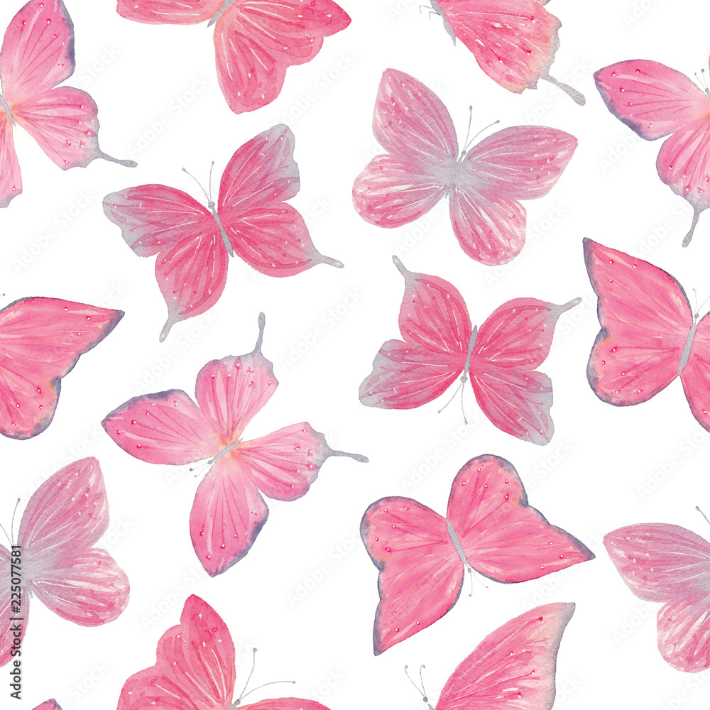 Watercolor pink butterfly seamless pattern hand drawn