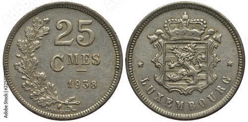Luxembourg Luxembourgish coin 25 twenty five centimes 1938, oak sprig left to value and date, crowned shield with lion flanked by stars, country name below,  photo