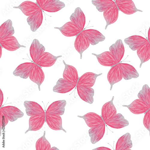 Watercolor pink  butterfly seamless pattern hand drawn