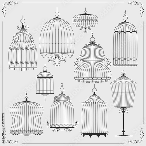 Set of silhouettes of birdcages