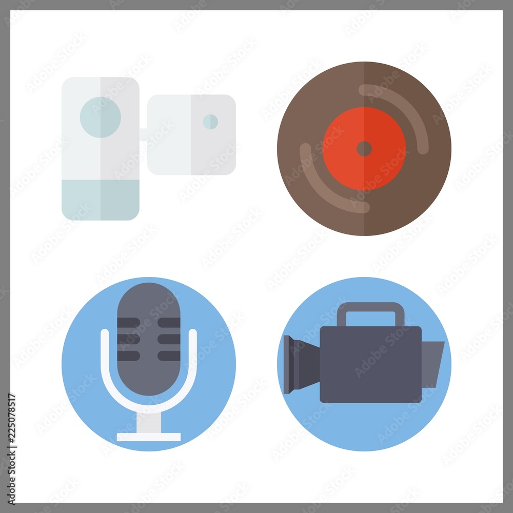 4 record icon. Vector illustration record set. microphone and camcorder icons for record works