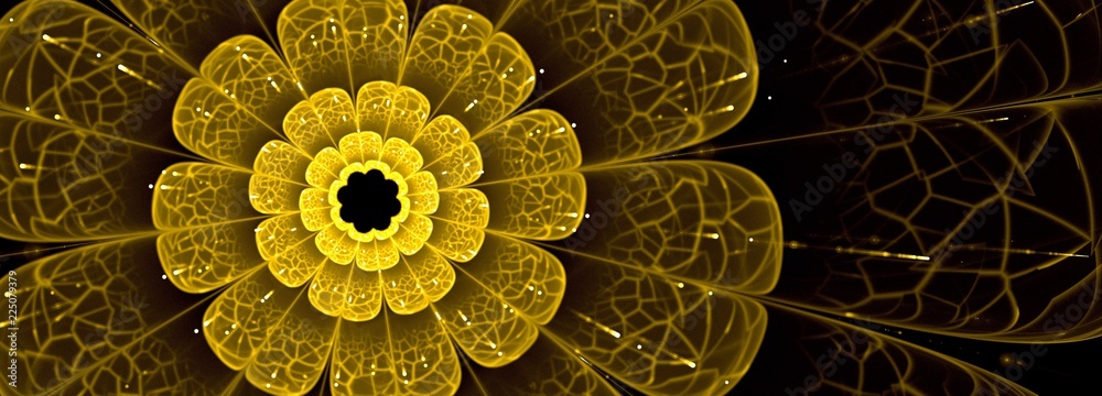 Fototapeta premium Symetryczny fraktal kwiat żółty, cyfrowa kompozycja dla kreatywnej grafiki