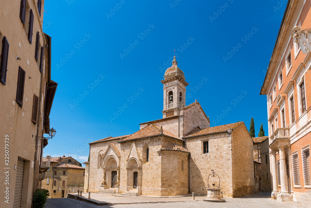The Collegiate church of St. Quiricus and Julietta (Italian: Collegiata dei Santi Quirico e Giulitta) in San Quirico d'Orcia, province of Siena, Val d'Orcia, Tuscany, Italy 