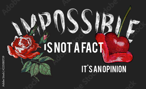 Slogan with red rose and lips with cherry. Vector patch for fashion apparels, t shirt, stickers, embroidery and printed tee design.