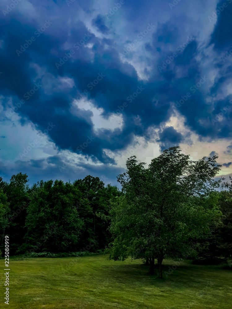 Fototapeta premium A storm rolls in with storm clouds in a backyard in Michigan 