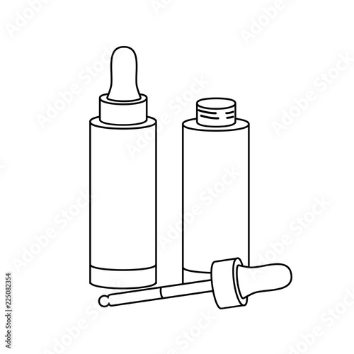 Vector illustration icon with dropper bottle liquid foundation for making makeup to woman.  Black line silhouette on a white background