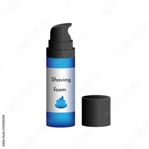 Vector illustration icon. Can of shaving foam with a blue tube and black cap and pump. White background