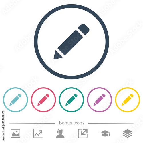 Single pencil with rubber flat color icons in round outlines