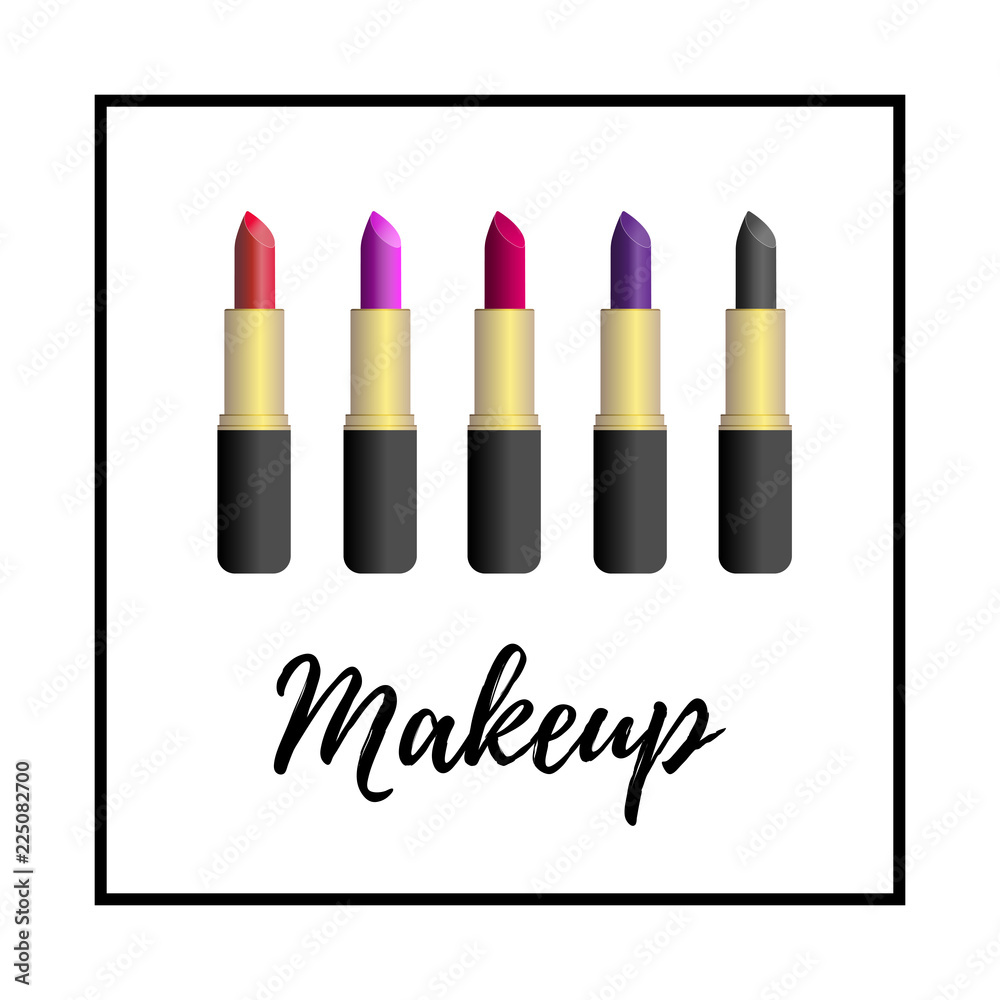 Vector illustration set of isolated red, pinl, wine, violet, black lipstick in gold and black tube in black frame with text: Makeup Vector illustration set of isolated red, pinl, wine, violet, black lipstick in gold and black tube in black frame with text: Makeup