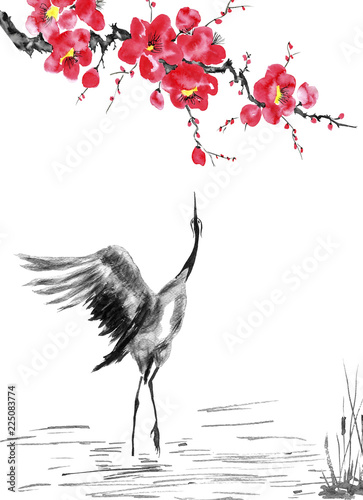 Принти на полотні Japanese cranes bird drawing