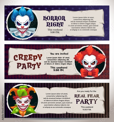 Halloween celebration event banners with scary clown faces.