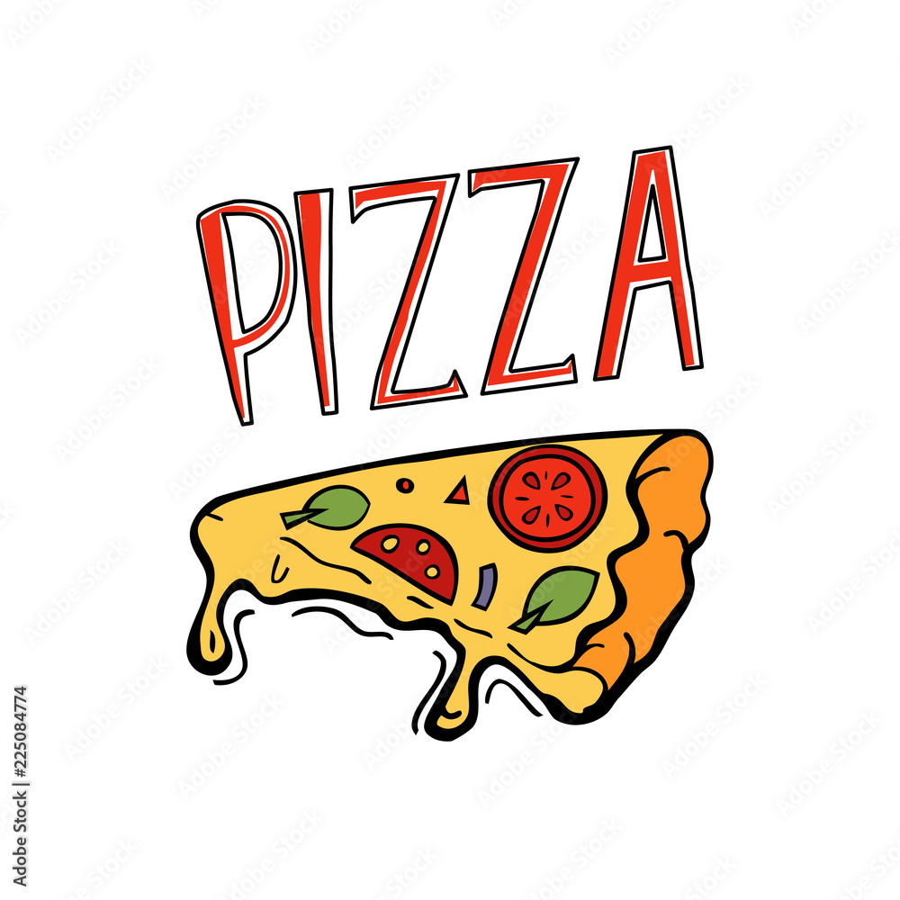 Color illustration for pizza menu with pizza slice and inscription. Hand  drawing. Stock Vector | Adobe Stock