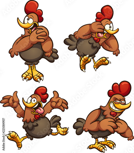 Cartoon chicken in different poses. Vector clip art illustration with simple gradients. Each on a separate layer. 