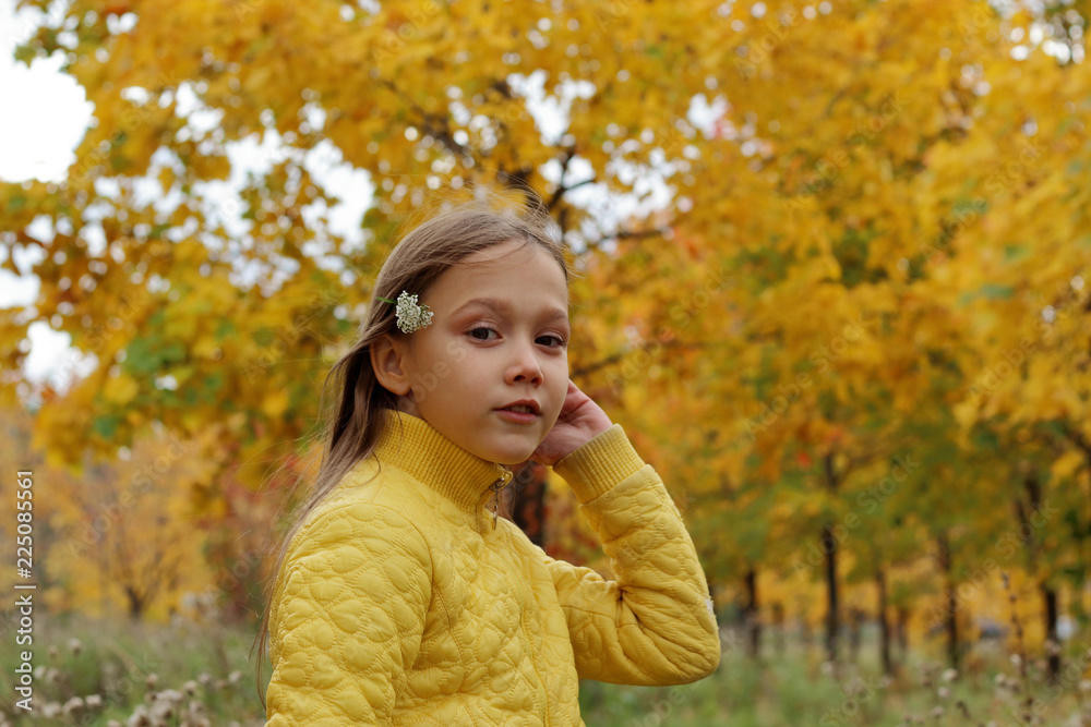 little girl model posing in autumn forest, child playing in Park little girl model posing in autumn forest, child playing in Park