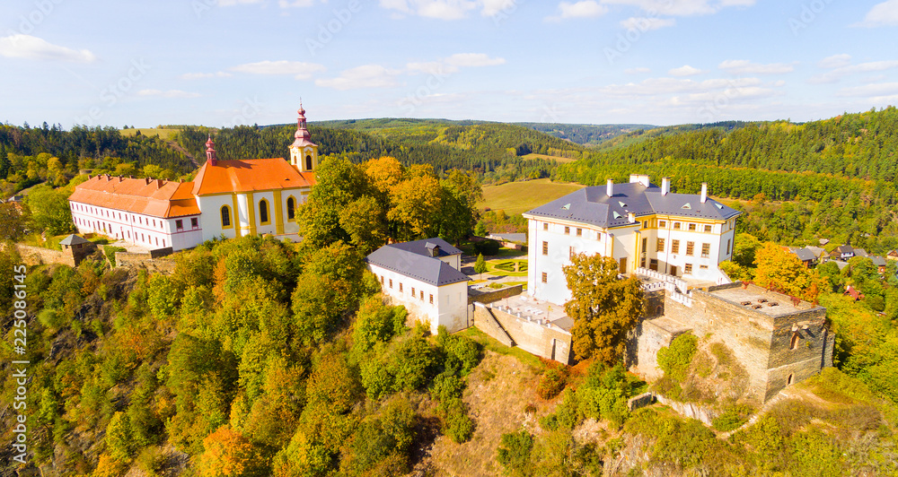 The Rabstejn nad Strelou is considered as the smallest town in Czech Republic which has very important, rich and interesting history. Aerial view of amazing European monument.