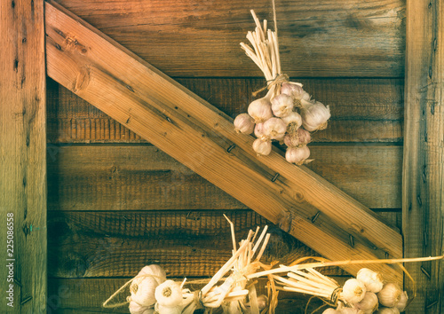 Bundles of fresh garlic dried on vintage wooden wall photo