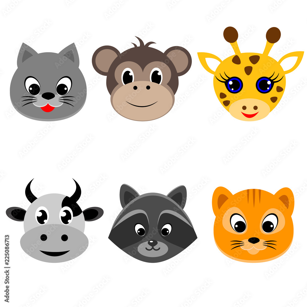 Cute cartoon animals head round shape. vector illustration Stock Vector |  Adobe Stock