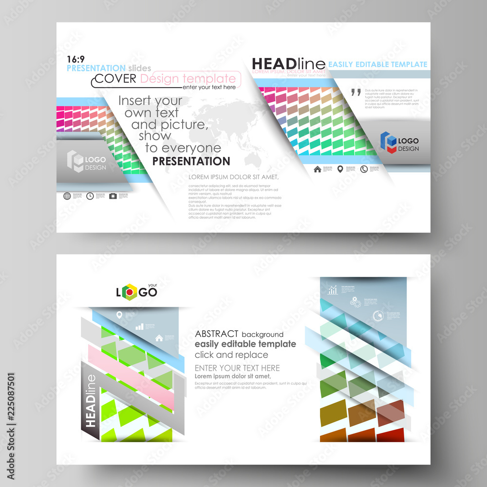 Business templates in HD format for presentation slides. Easy editable vector layouts in flat design. Colorful rectangles, moving dynamic shapes forming abstract polygonal style background.