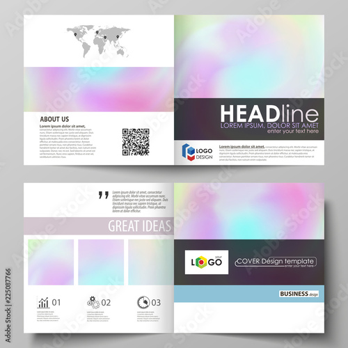 Business templates for square design bi fold brochure, flyer. Leaflet cover, vector layout. Hologram, background in pastel colors, holographic effect. Blurred colorful pattern, futuristic texture.