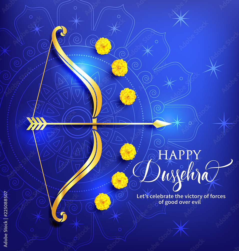 Fototapeta premium Greeting card with bow and arrow for Navratri festival with lettering Dussehra (Hindu holiday Vijayadashami). Vector illustration.