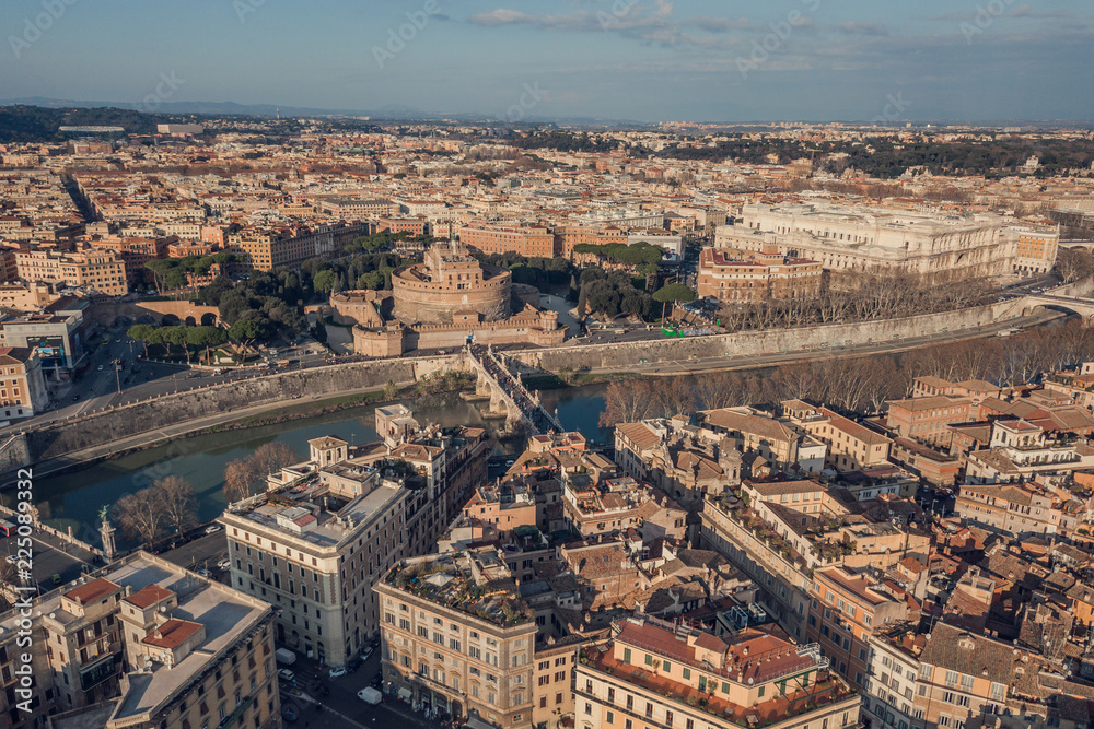 Cityscape of Rome, aerial view. Saint Angelo castle, bridges and Tiber river