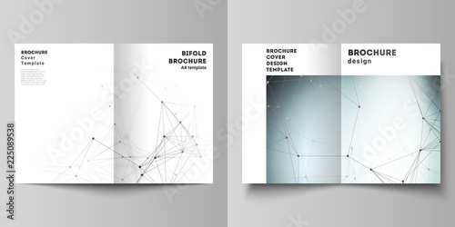 The vector layout of two A4 format cover mockups design templates for bifold brochure, flyer, report. Technology, science concept. Molecule structure, connecting lines and dots. Futuristic background