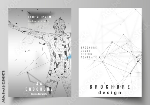 The vector layout of A4 format cover mockups design templates for brochure, flyer, report. Technology, science, medical concept. Molecule structure, connecting lines and dots. Futuristic background