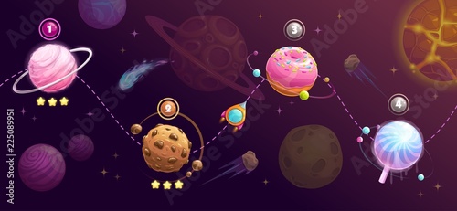 Food planets set. Rocket space trip concept. Shipping road, universe map for GUI design.
