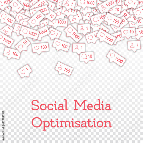 Social media icons. Social media optimisation concept. Falling counter comment friend notification. 