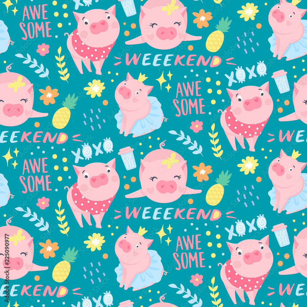 Obraz premium Vector seamless pattern with funny pigs. Pig background isolated on white.