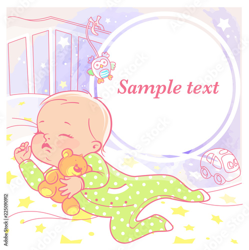 Cute little baby sleep in crib. Healthy sleep. Teddy bear, owl and toy car. Baby girl at night. Blank text frame. Preset for blog. Template for mother's page  in social media. Vector illustration