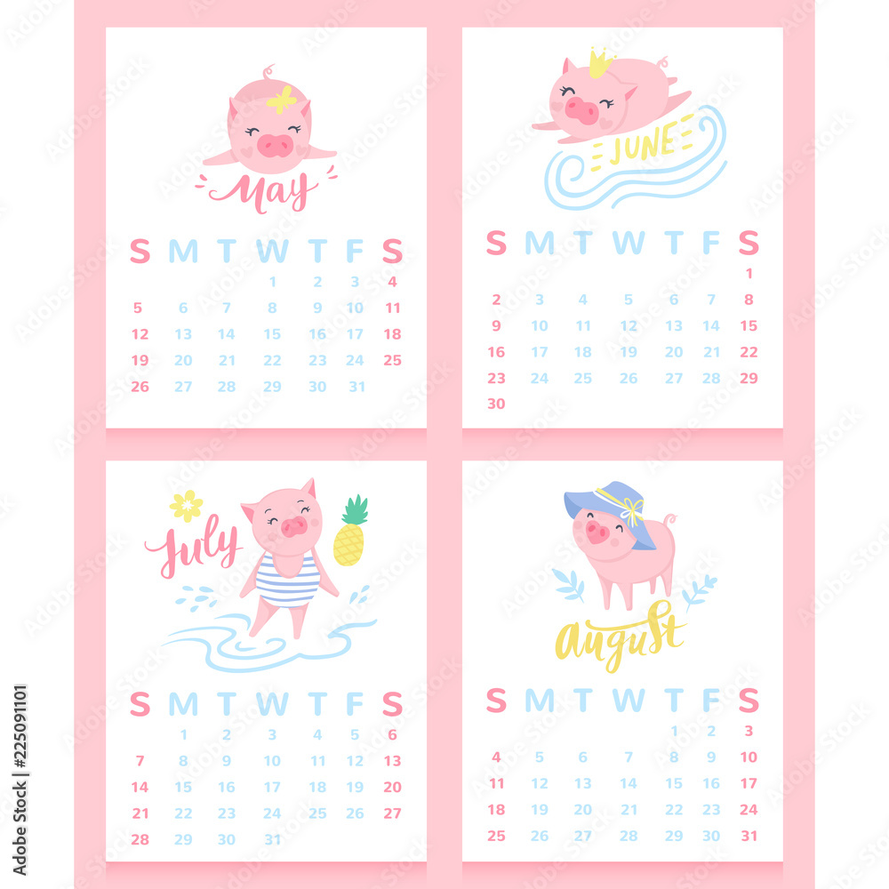 Cartoon calendar 2019 with cute pigs. May, june, july, august month. Cartoon calendar 2019 with cute pigs. May, june, july, august month.