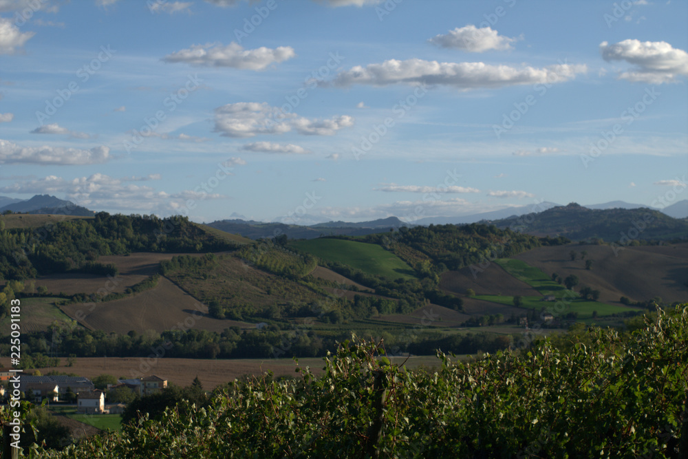 view of rural landscape,countryside,hills,nature,field,crops,horizon,blue sky,clouds,view,panoramic