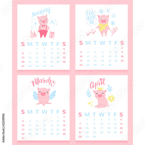 Cartoon calendar 2019 with cute pigs. january  february  march  april month.
